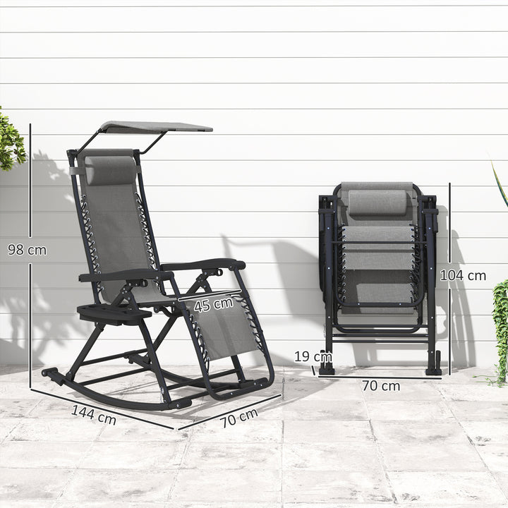 Garden Rocking Chair Folding Recliner Outdoor Adjustable Sun Lounger Rocker Zero-Gravity Seat with Headrest Side Holder Patio Deck - Grey