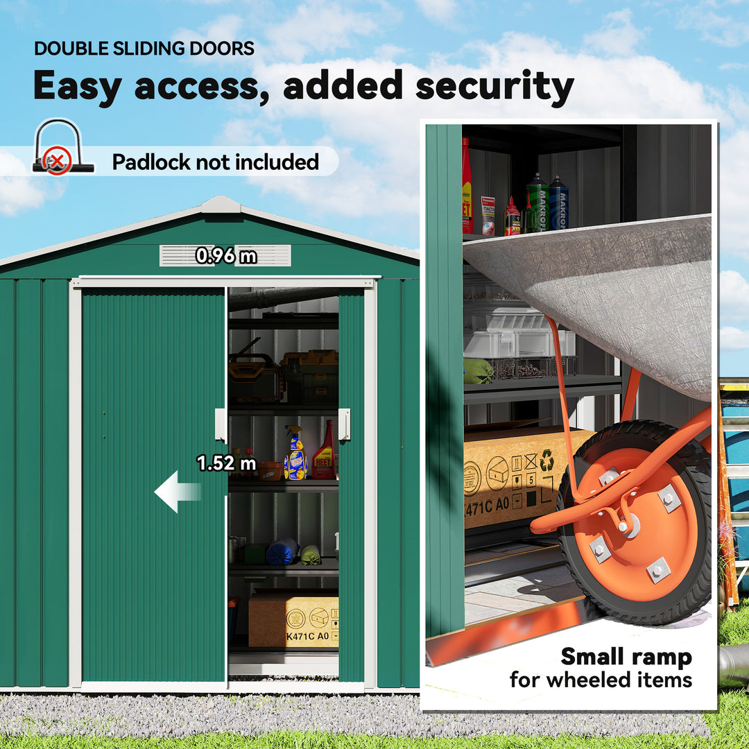 MCL 7 x 4ft Metal Garden Shed, Outdoor Storage Tool House with Ventilation Slots, Foundation Kit and Lockable Double Doors, Green