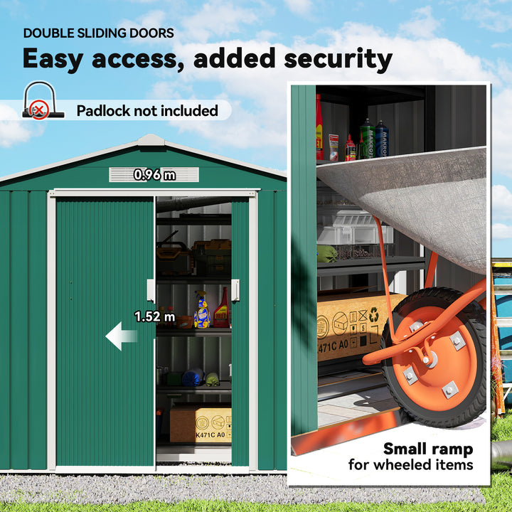 MCL 7 x 4ft Metal Garden Shed, Outdoor Storage Tool House with Ventilation Slots, Foundation Kit and Lockable Double Doors, Green