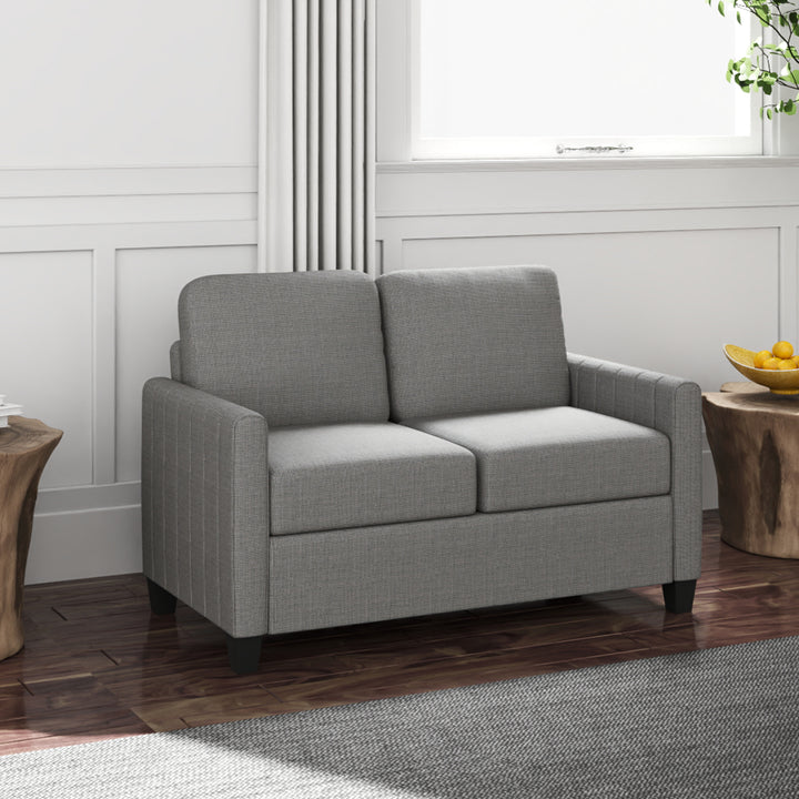 HOMCOM 2 Seater Sofa, Channel Tufted Modern Fabric Couch, Comfy Upholstered Small Sofa Loveseat with Spring Cushion, Back Pillow, for Living Room, Bedroom, Office, Light Grey