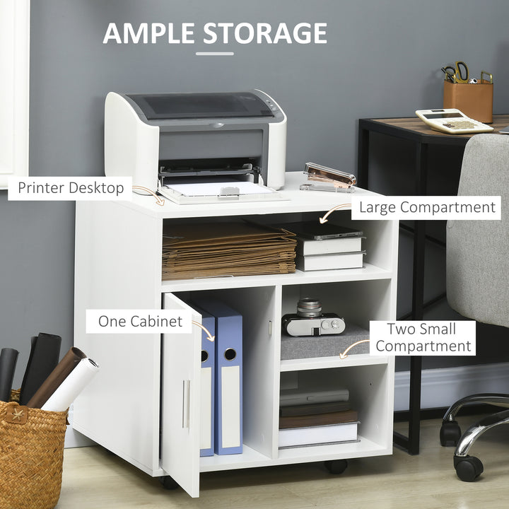 Multi-Storage Printer Stand Unit Office Desk Side Mobile Storage w/ Wheels Modern Style 60L x 50W x 65.5H cm - White