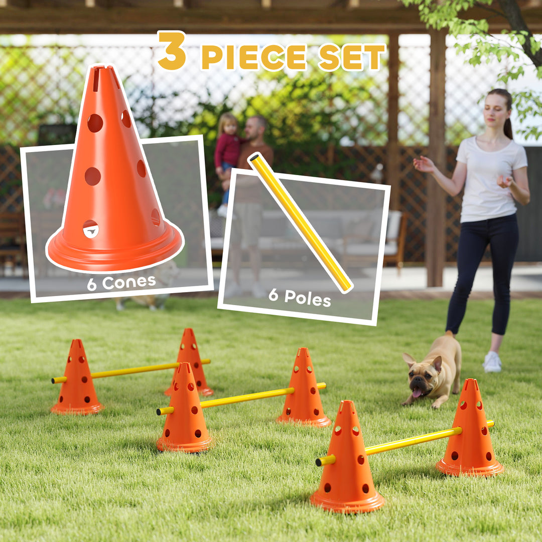Dog Agility Equipment Set of Six Cones, Six Poles with Carry Bag, Three-Piece Adjustable Height Jumping Obstacles Orange