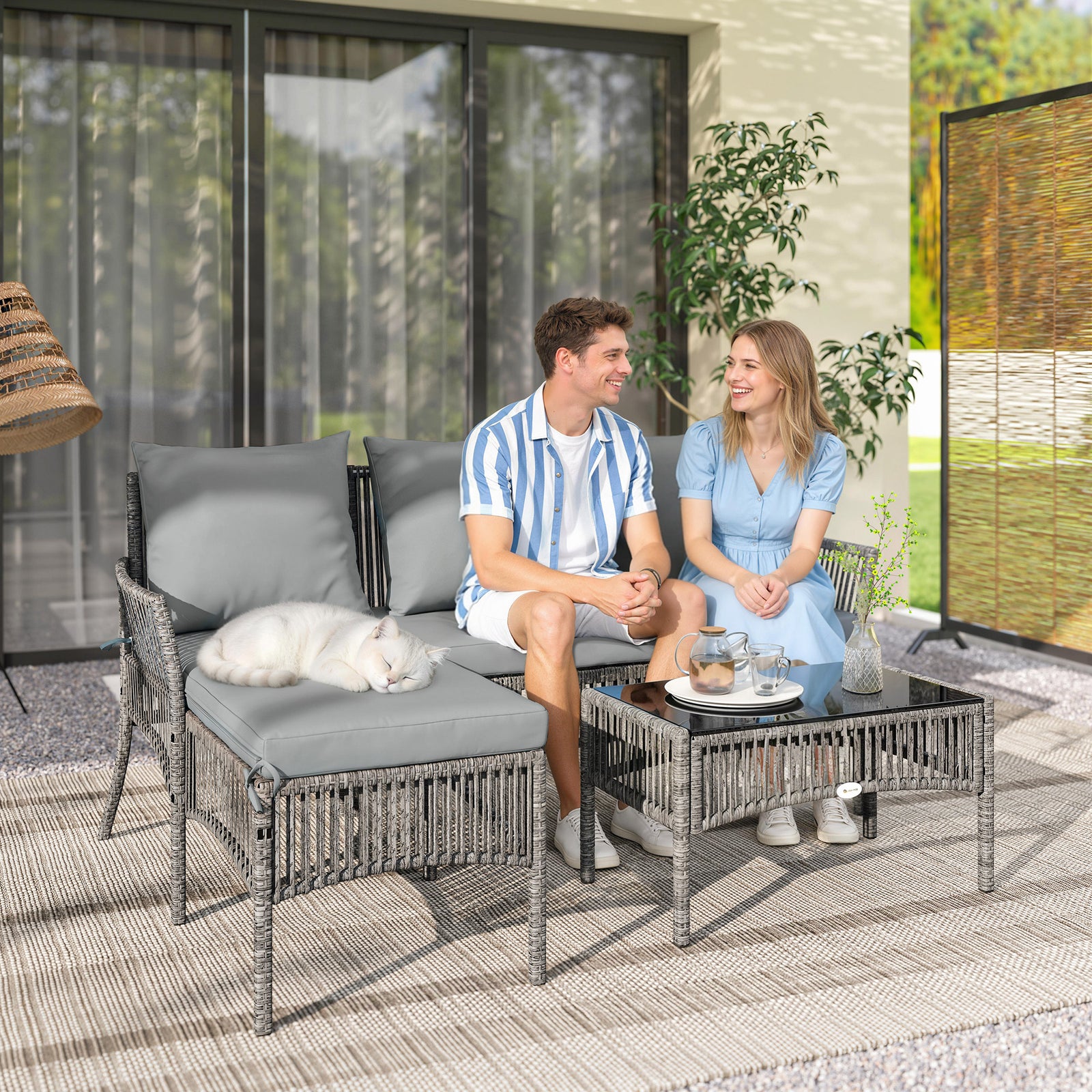 3 Piece Rattan Garden Furniture Corner Sofa Set with Chaise Lounge, Lo