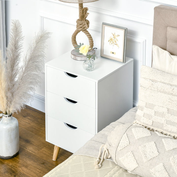 Bedside Table, Bedside Cabinet with 3 Drawers, Small Side Table with Wood Legs and Cut-out Handles for Bedroom, Cream White