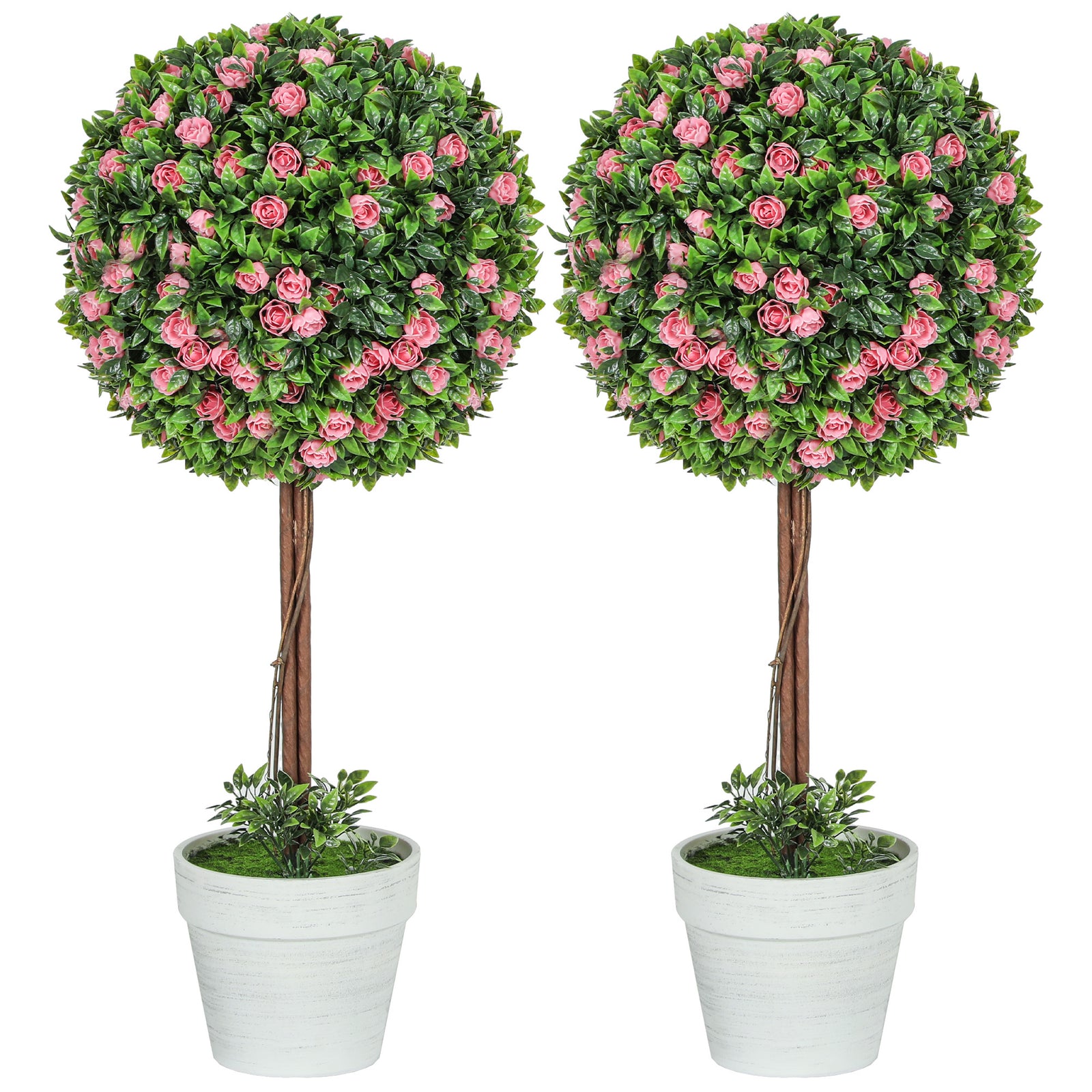 Set of 2 Decorative Artificial Plants, Ball Topiary Tree with Rose Flower in Pot, Fake Plants for Home Indoor Outdoor Decor, 60cm, Pink