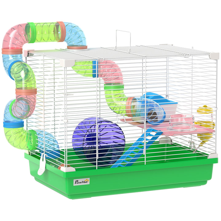 2 Tier Hamster Cage, Gerbil Cage with Handle, Exercise Wheels, Tunnel,