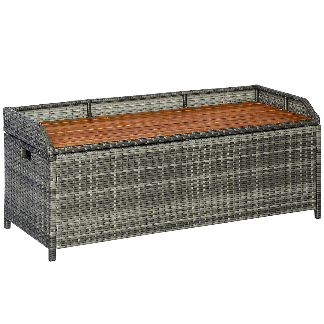 Patio Wicker Storage Bench Box, Outdoor Garden PE Rattan Pool Storage Deck Bin Box w/ Natural Wood Top, Lid, Ideal for Storing Tools, Accessories and Toys, Mixed Grey