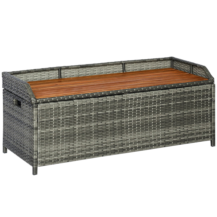 Patio Wicker Storage Bench Box, Outdoor Garden PE Rattan Pool Storage Deck Bin Box w/ Natural Wood Top, Lid, Ideal for Storing Tools, Accessories and Toys, Mixed Grey