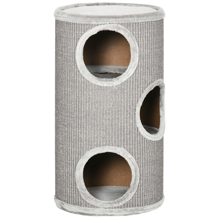 PawHut Cat Tree Barrel, Kitten Climbing Tower, Indoor Sisal Covered, Cosy Platform, Light Grey | Aosom UK