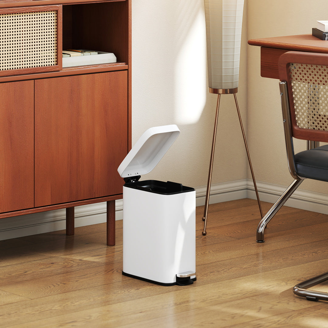 5L Rectangular Compact Bin Steel Body Removable Bucket Quiet-Close Lid w/ Pedal Lid Rubbish Trash Can Home Office Bedroom Bathroom Living Room Garbage Tidy Clean White