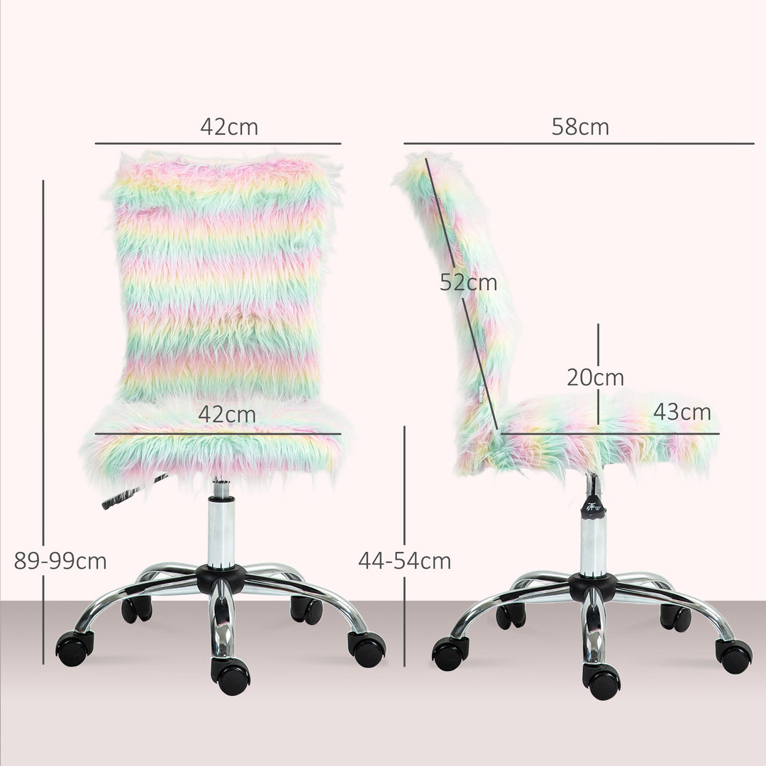 Fluffy Desk Chair, Armless Students Chair, Makeup Vanity Chair with Adjustable Height, Rolling Wheels for Home Study Bedroom, Unicorn Tone