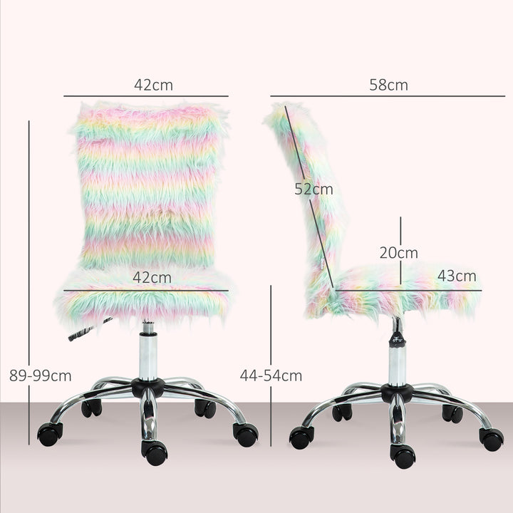 Fluffy Desk Chair, Armless Students Chair, Makeup Vanity Chair with Adjustable Height, Rolling Wheels for Home Study Bedroom, Unicorn Tone