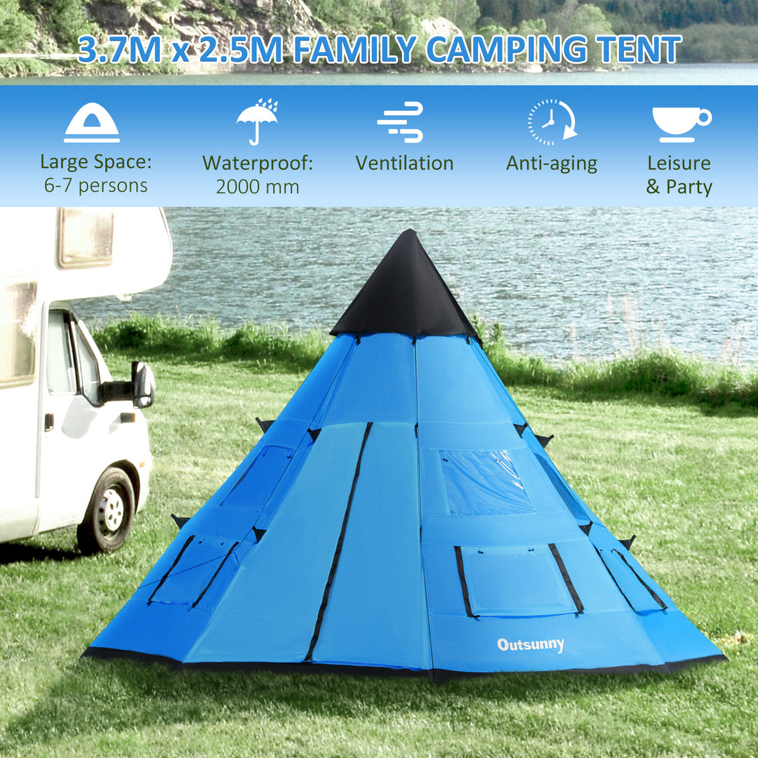 Outsunny 6 Men Tipi Tent, Camping Teepee Family Tent with Mesh Windows Zipped Door Carry Bag, Easy Set Up for Hiking Picnics Outdoor Night, Blue