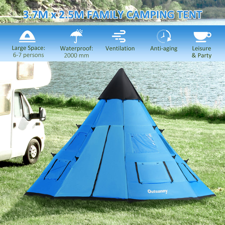 Outsunny 6 Men Tipi Tent, Camping Teepee Family Tent with Mesh Windows Zipped Door Carry Bag, Easy Set Up for Hiking Picnics Outdoor Night, Blue