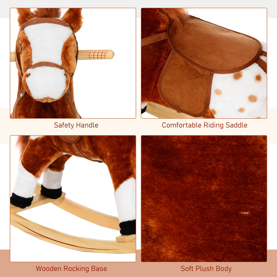 Baby Rocking Horse Plush Ride on Animals Rocker with Sound Handle Grip for kids 3-6 years - Brown