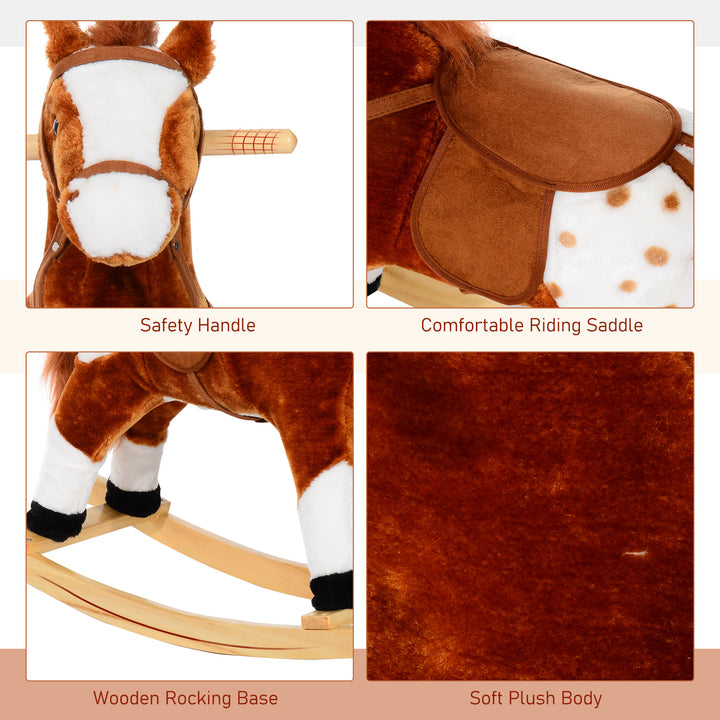 Baby Rocking Horse Plush Ride on Animals Rocker with Sound Handle Grip for kids 3-6 years - Brown