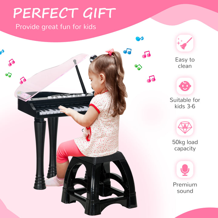 AIYAPLAY Children's 32-Key Piano Keyboard, with Stool, Lights, Microphone, Sounds, for Aspiring Musicians, Black | Aosom UK