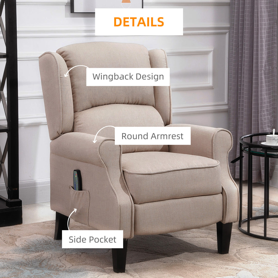 Heated Massage Reclining Armchair Thick Sponge Padded Linen Upholstery Metal Wood Frame Home Luxury Relaxation Beige