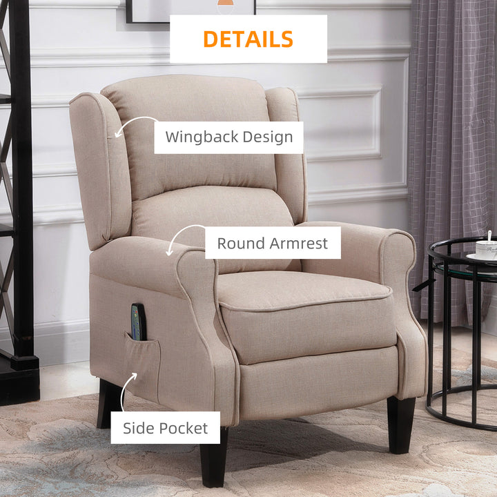 Heated Massage Reclining Armchair Thick Sponge Padded Linen Upholstery Metal Wood Frame Home Luxury Relaxation Beige