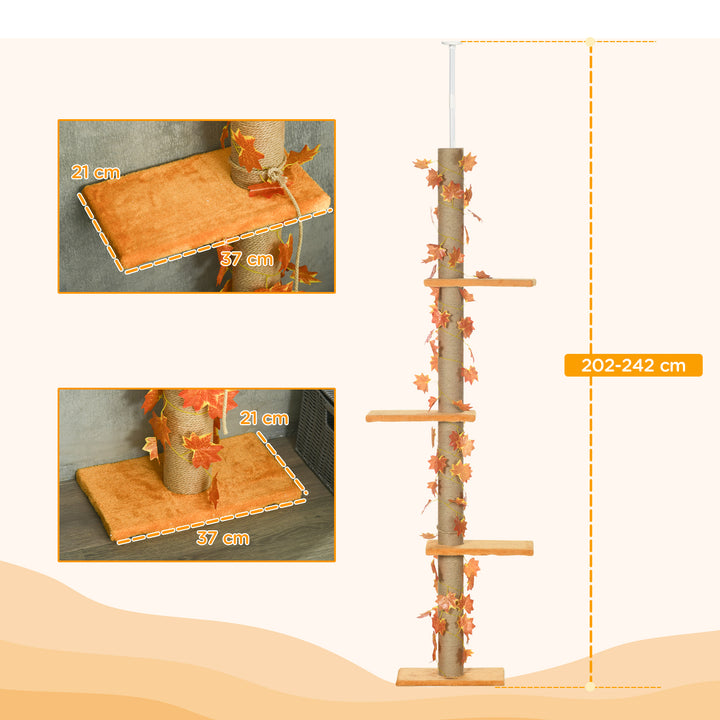 242cm Adjustable Floor-To-Ceiling Cat Tree, with Artificial Decoration, Perches, Anti-Slip Kit - Orange