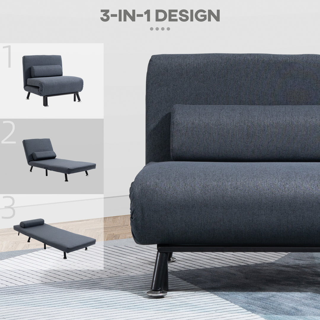 Linen Chair Bed, 3-in-1 Convertible Sleeper Chair with Adjustable Backrest, Pillow, for Living Room, Bedroom, Dark Grey