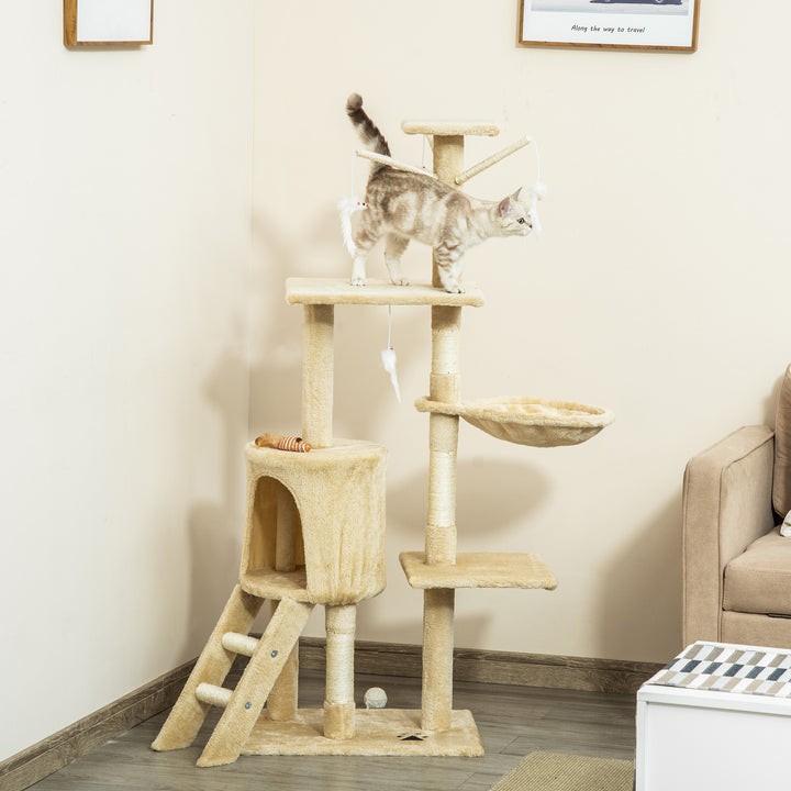 Multi-Level Cat Tree with Scratching Post, Ladder, Cat House, Beige