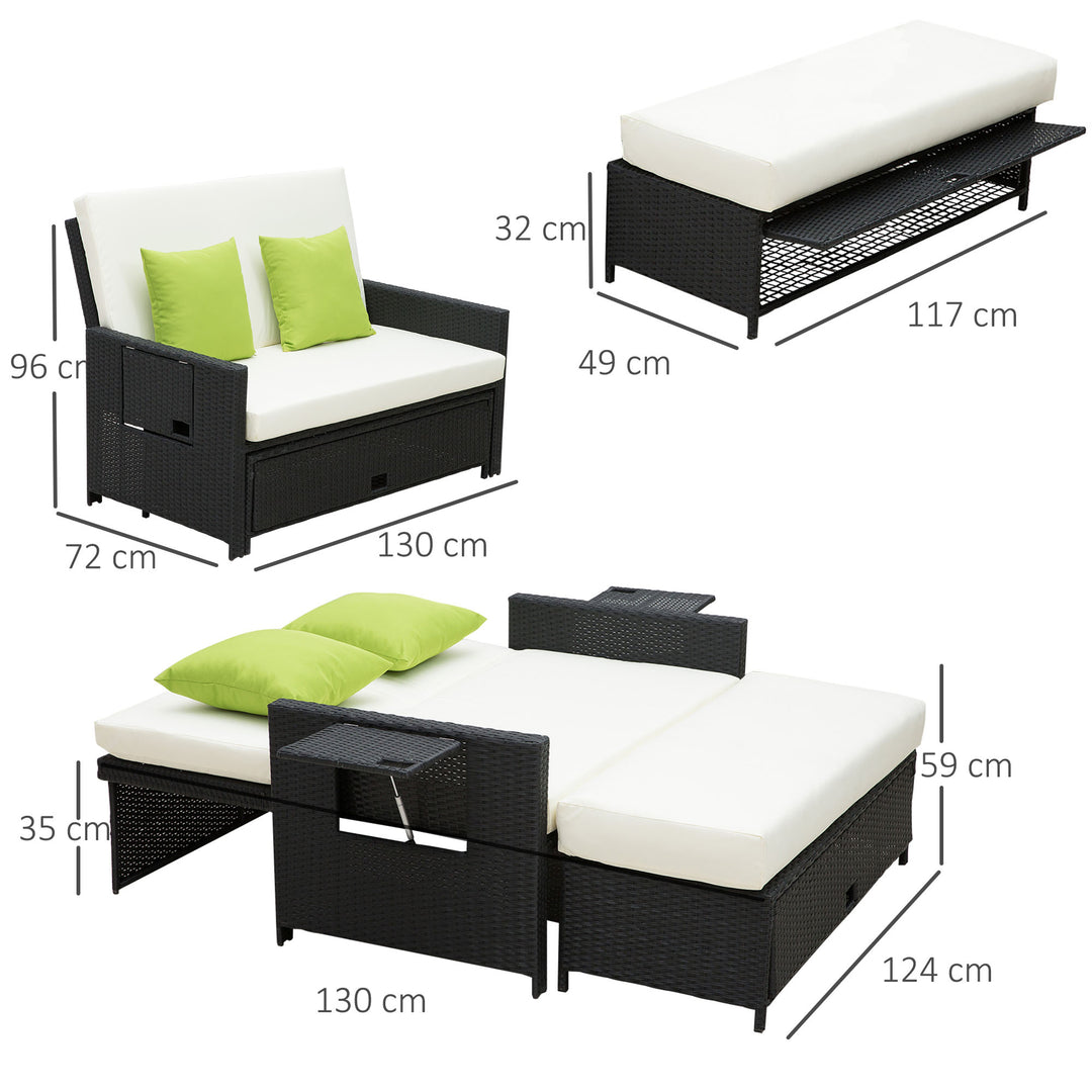 Rattan 2-Seater Sofa Sun Lounger Bed-Black