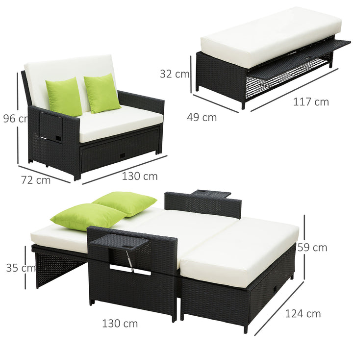 Rattan 2-Seater Sofa Sun Lounger Bed-Black