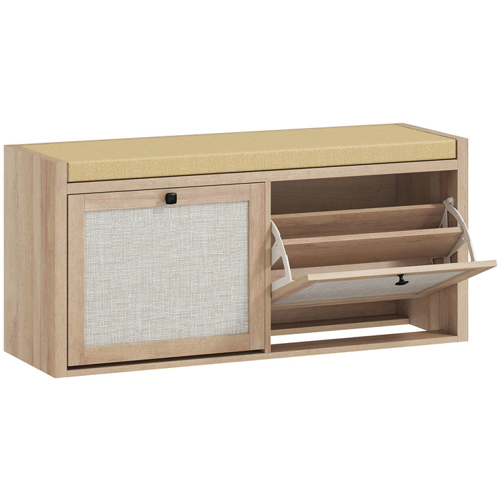 Rattan Shoe Bench with Padded Cushion and 2 Cabinets for Hidden Storag
