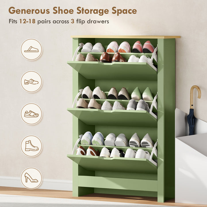 Slim Shoe Cabinet, Narrow Shoe Cupboard with 3 Flip Drawers, Adjustabl