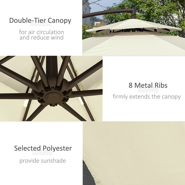 2.7m Garden Banana Parasol Cantilever Umbrella with Crank Handle, Double Tier Canopy and Cross Base for Outdoor, Hanging Sun Shade, Beige