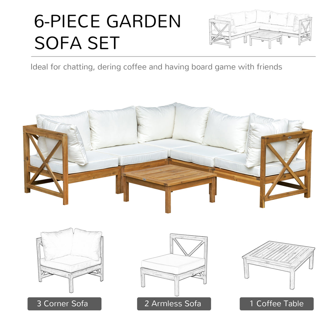 MCL 6 PCS Elegant Wood Frame Outdoor Patio Dining Set w/ Cushions Coffee Table Garden Furniture Sofa Comfort Balcony Patio Cream White