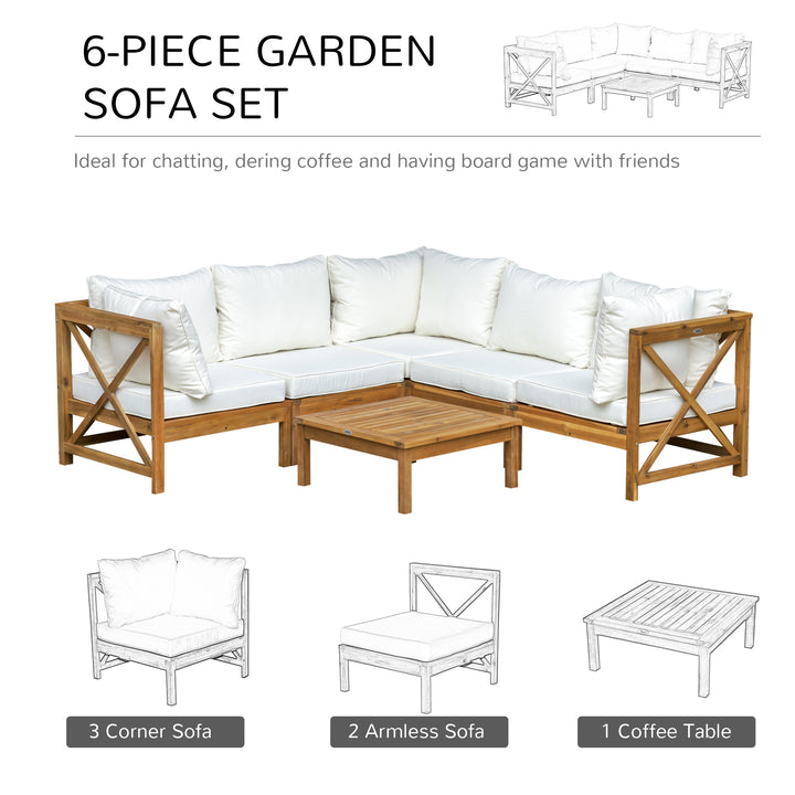 MCL 6 PCS Elegant Wood Frame Outdoor Patio Dining Set w/ Cushions Coffee Table Garden Furniture Sofa Comfort Balcony Patio Cream White