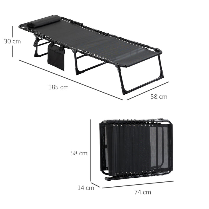 Portable Sun Lounger, Folding Camping Bed Cot, Reclining Lounge Chair 5-position Adjustable Backrest with Side Pocket, Pillow for Patio Garden Beach Pool, Black
