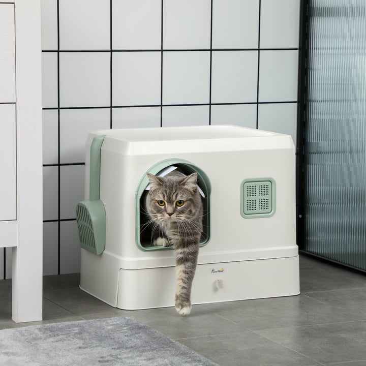 PawHut Hooded Cat Litter Box: Drawer Pan, Scoop & Deodorants, Front Entry, 50 x 40 x 40 cm, White | Aosom UK