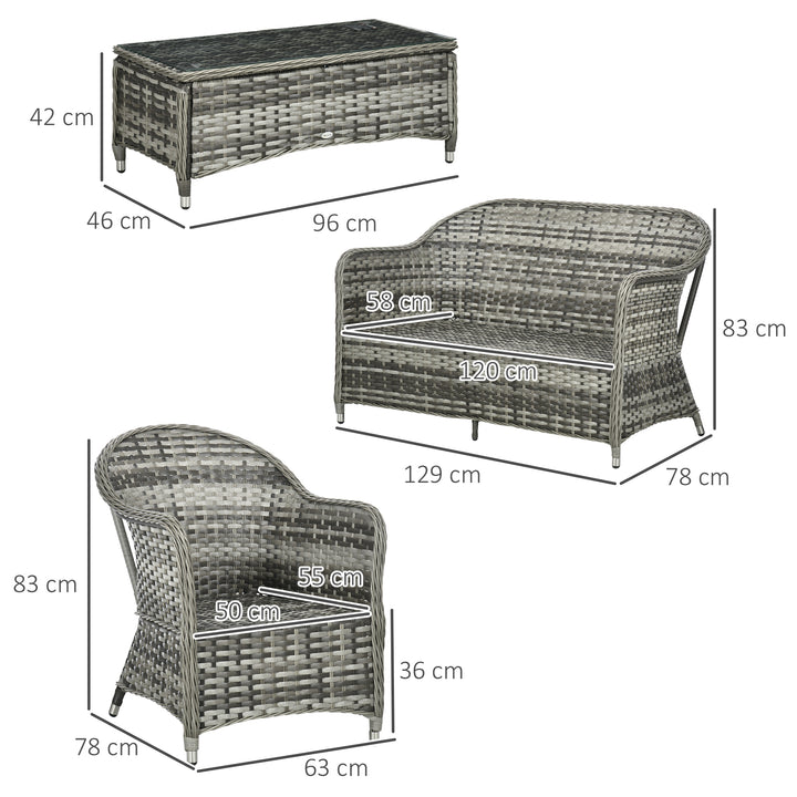 Four-Piece Rattan Sofa Set, with Glass-Top Table - Mixed Grey