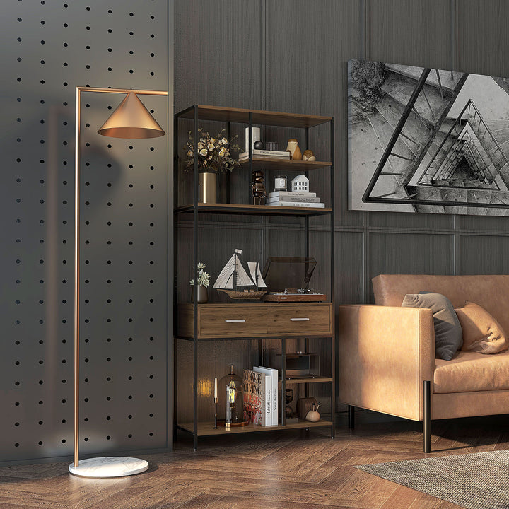 Seven-Shelf Industrial Display Shelf, with Drawers - Brown/Black