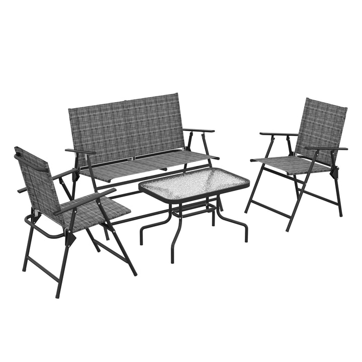 Outsunny Outdoor 4 Pieces Patio Furniture Set with Breathable Mesh Fabric Seat & Backrest, Garden Set with Two Foldable Armchairs, a Loveseat & Glass Top Table, Mixed Grey