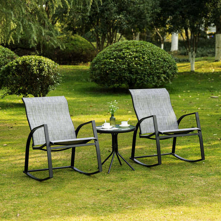 Outsunny Outdoor Patio Bistro Set with 2 Rocking Chairs & Tempered Glass Table, Ideal for Garden, Porch, Poolside, Grey