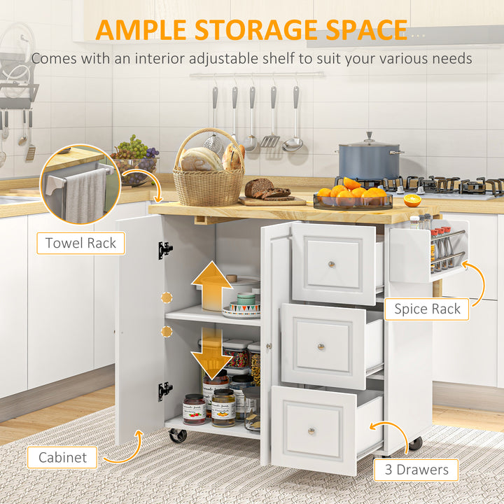 Drop-Leaf Kitchen Island on Wheels with Extendable Rubber Wood Worktop, Rolling Kitchen Storage Trolley, Utility Storage Cart with Drawers & Cabinet for Kitchen, Dining & Living Room, White