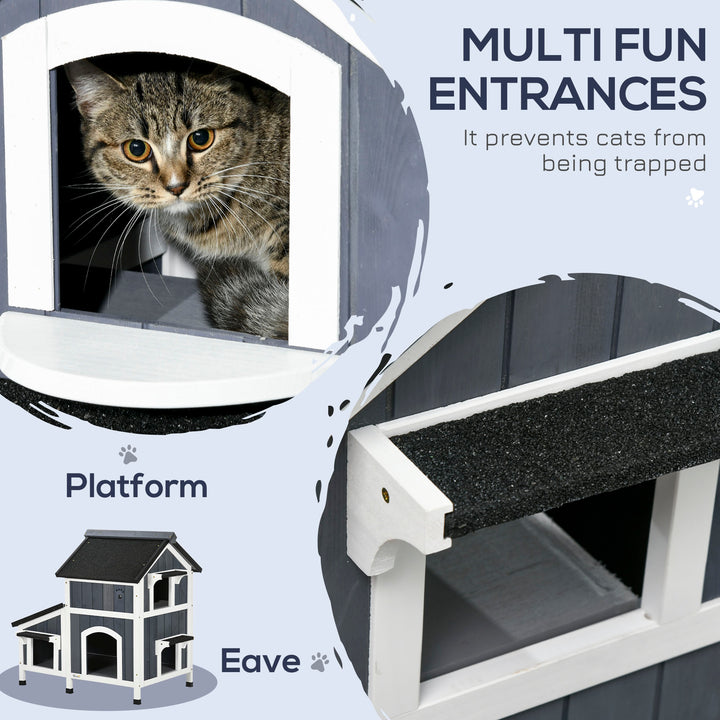 PawHut Wooden Cat House Outdoor with Flower Pot, 2 Tiers Cat Shelter with Window, Multiple Entrances, Water