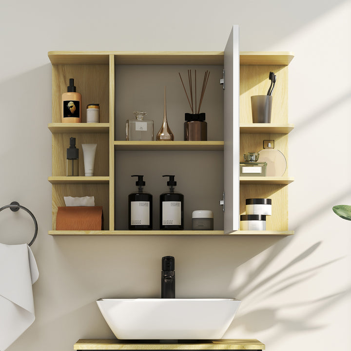 Bathroom Mirror Cabinet with Open Storage Shelves - Natural Wood Finish