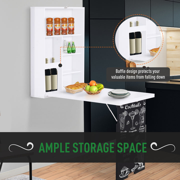 MCL Folding Wall-Mounted Drop-Leaf Table, Convertible Wall Table With Chalkboard and Storage Shelf, Multifunctional Floating Desk for Home Office, White