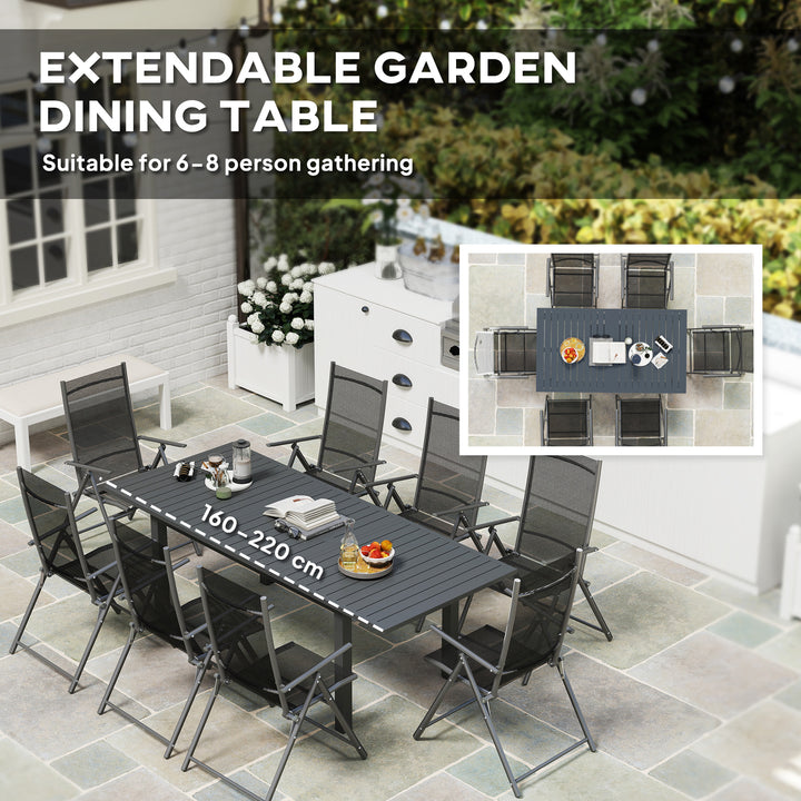 Aluminium Extending Garden Table with Slatted Top for 6-8 Person, 160/220 x 90 x 73 cm, Grey