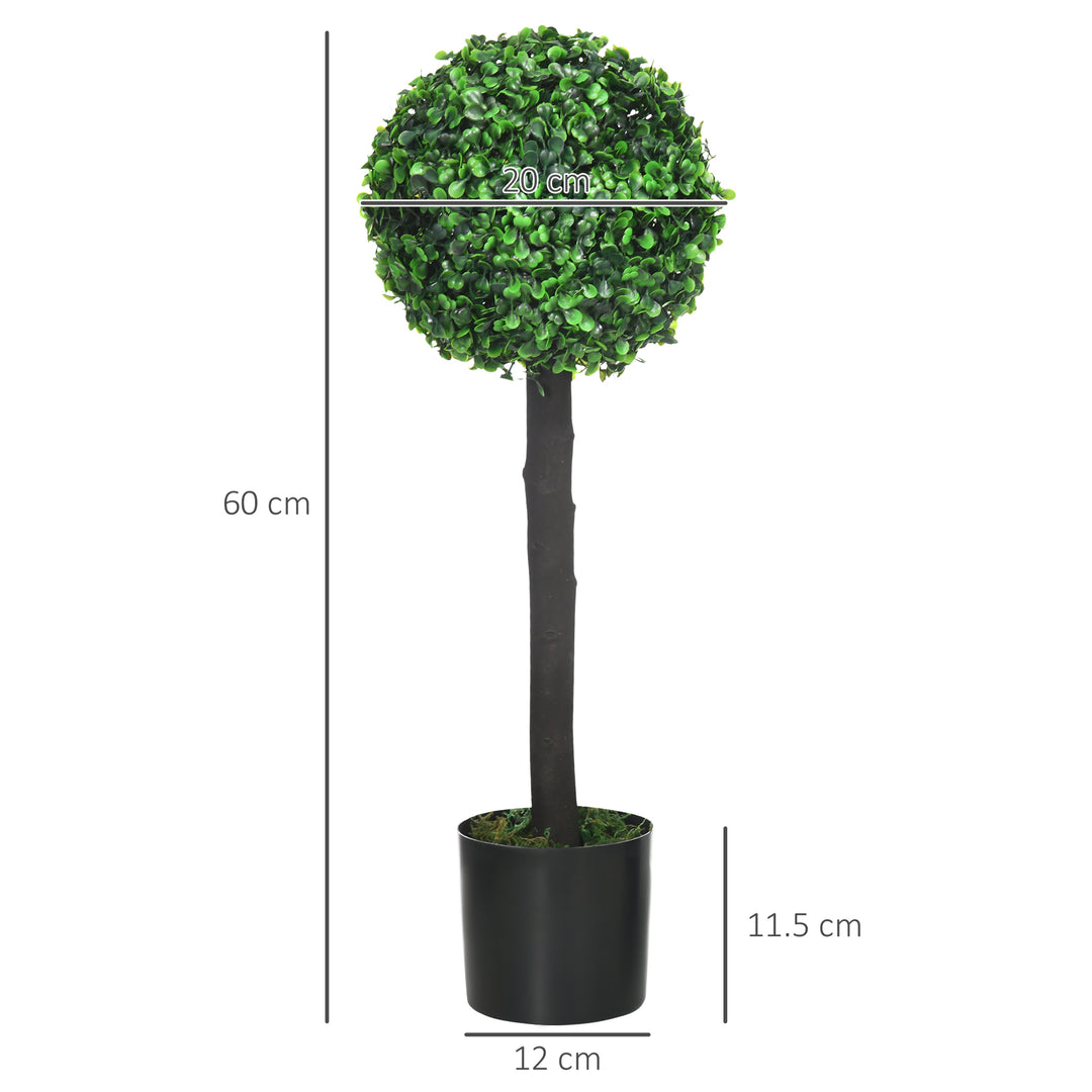 HOMCOM Artificial Boxwood Topiary Balls Set of 2: Faux Plants in Pots, Indoor Outdoor Decor, 20x20x60cm, Green. | Aosom UK