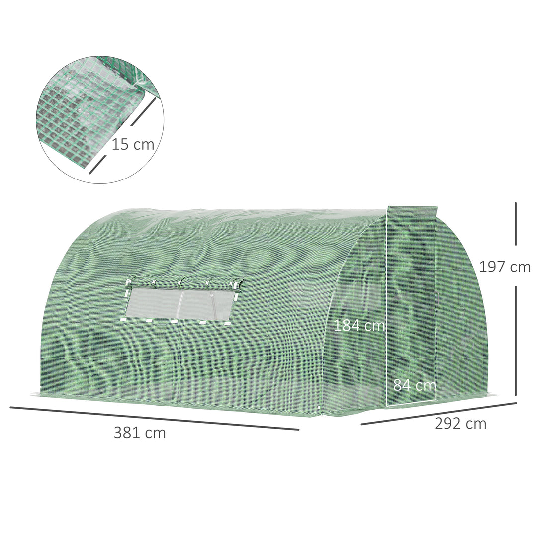 Outsunny 4 x 3 x 2 m Walk-In Greenhouse Reinforced Polytunnel Greenhouse with Metal Hinged Door, Steel Frame and Mesh Windows, Green