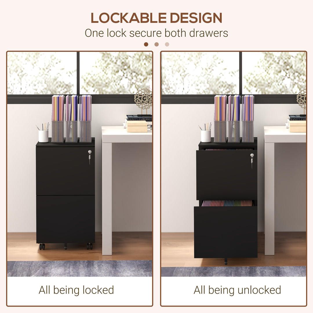 2-Drawer Vertical Filing Cabinet with Lock and 5 Wheels, Steel Mobile File Cabinet, for A4, Legal and Letter Size, Pre-Assembled Body, Black
