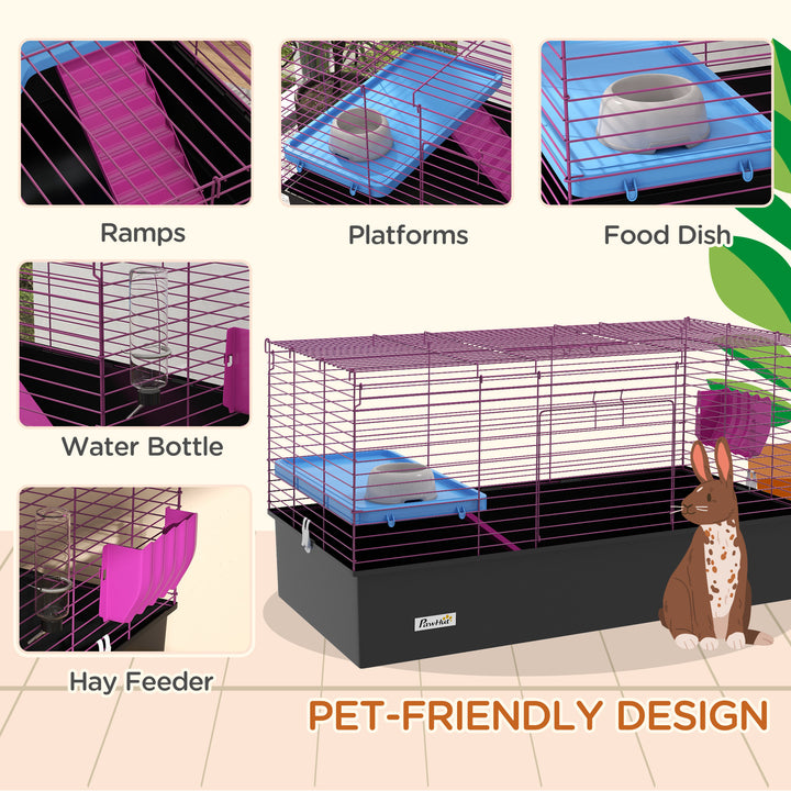 PawHut Chinchillas Small Rabbit Guinea Pig Small Animal Cage, Pet Playhouse, with Platform, Ramp, 99 x 52 x 53cm, Black | Aosom UK