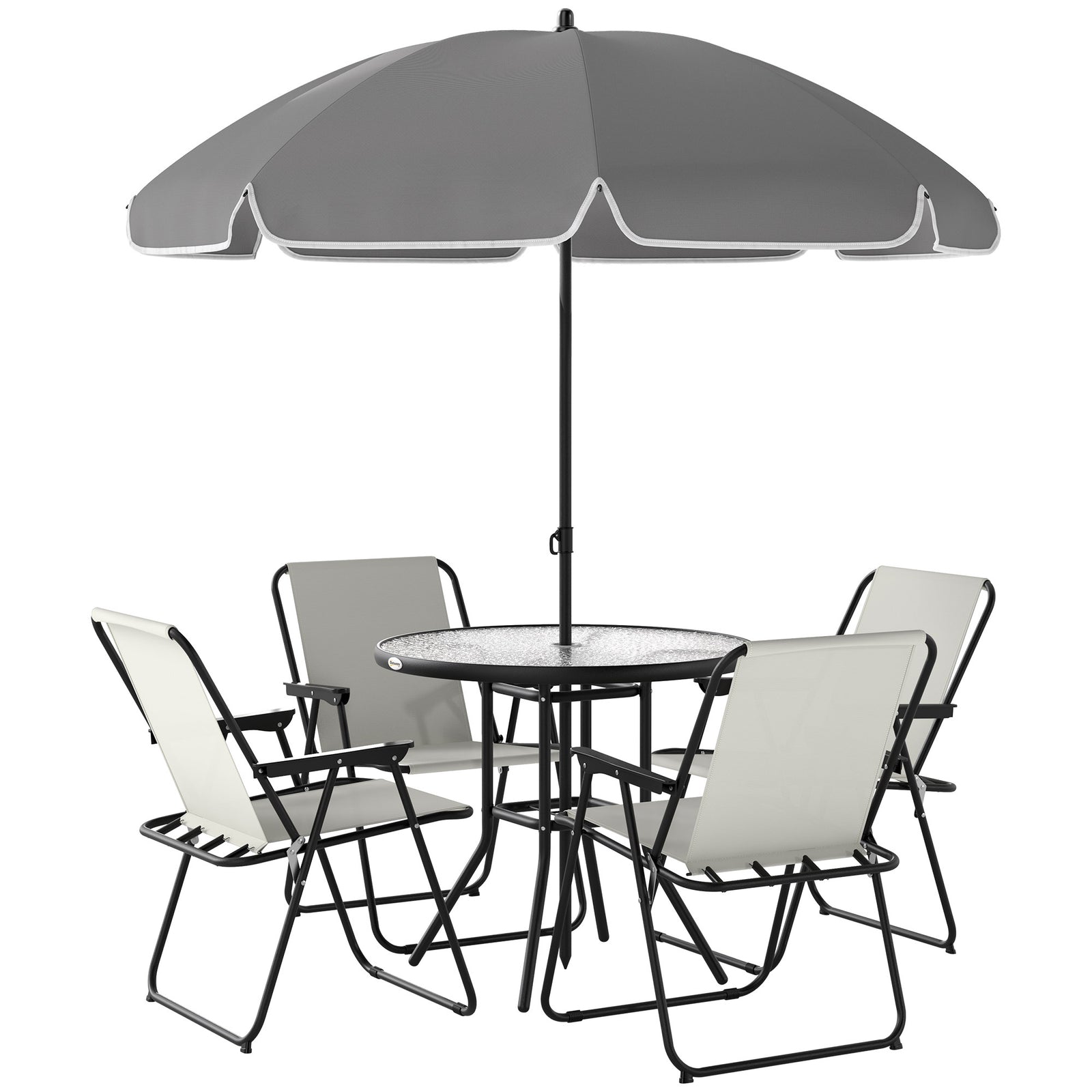 4 Seater Garden Furniture Set, 6 Pieces Garden Table and Chairs with Parasol, Outdoor Garden Dining Set with Folding Chairs and Round Glass Top Table for Patio, Cream White