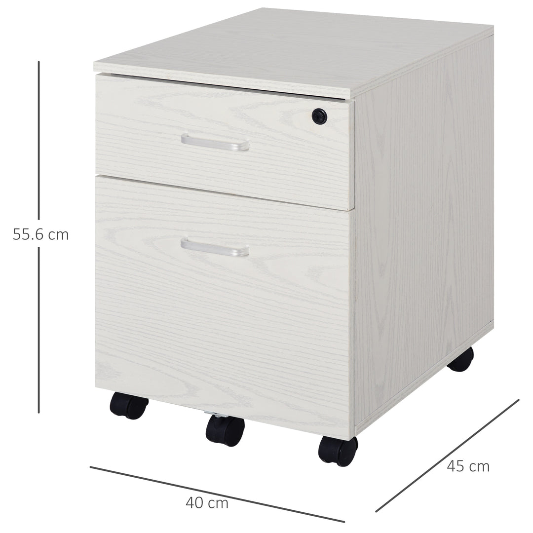 2-Drawer Locking Office Filing Cabinet w/ 5 Wheels Rolling Storage Hanging A4 Cupboard Home Organisation White Wood Grain
